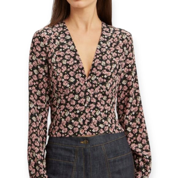 INTERMIX 100% Silk Floral Blouse Black V-Neck P/S - Picture 3 of 14